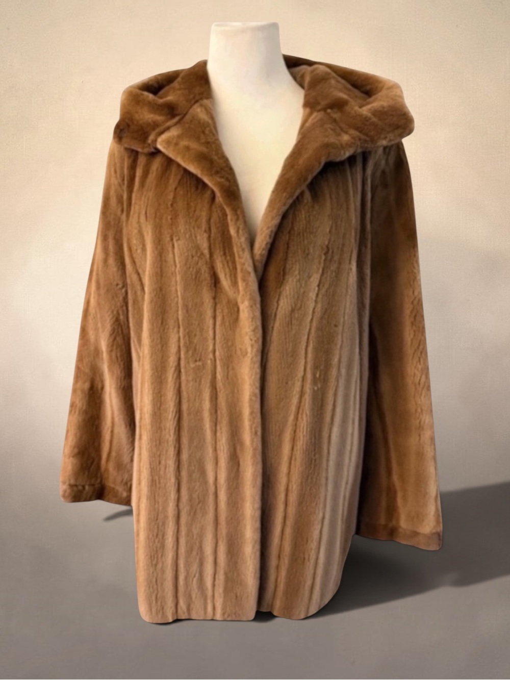 ZANDRA RHODES for POLOGEORGIS Sheared Mink Hooded Fur 3/4 Length Coat Medium